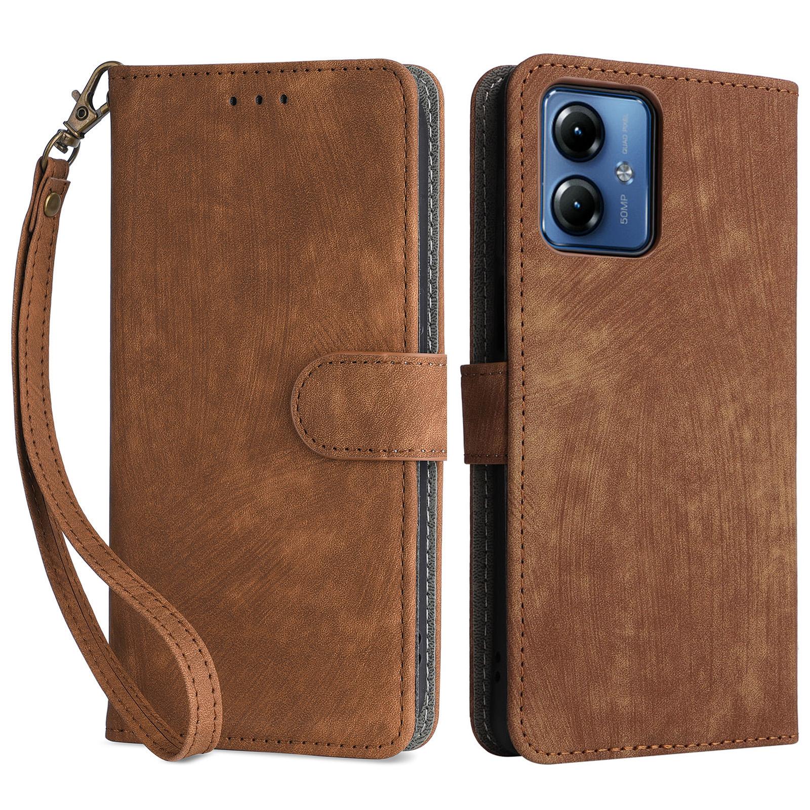 

For Motorola Moto G14 4G Anti-Scratch Cell Phone Case Leather Stand Cover RFID Blocking Wallet Shell with Strap Brown