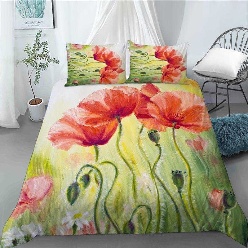 3D Red Poppy Duvet Cover King Queen Size Beautiful Flower Polyester Quilt Cover with Pillowcases Kids Adults Home Bedroom Decor