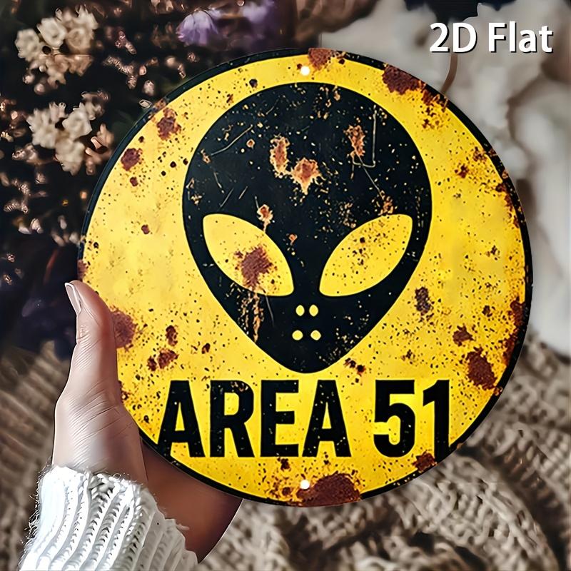 Hisun Tin Sign Vintage Area  Alien Retro Metal Tin Painting Rustic Distressed UFO Sign Round Wall Art Decor Classic Sci Fi Mystery Man Cave