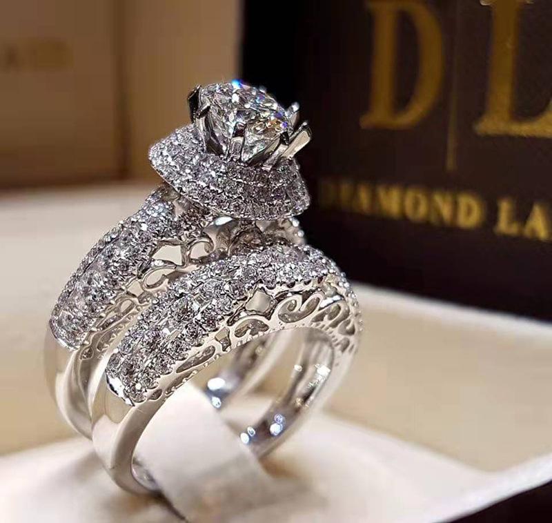 Double-Layer Micro-Inlaid Zircon Set Ring, Luxury Party Wedding Hand Ring, Hollow Design Double Ring