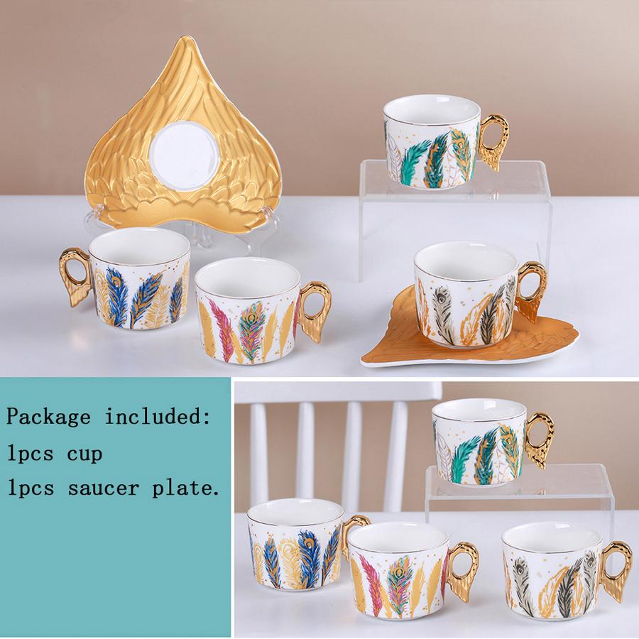Personality European Lovely Feather Pattern Style Coffee Mugs Ceramic Home Office Milk Water Tea Cup + Saucer Plate Dish Set