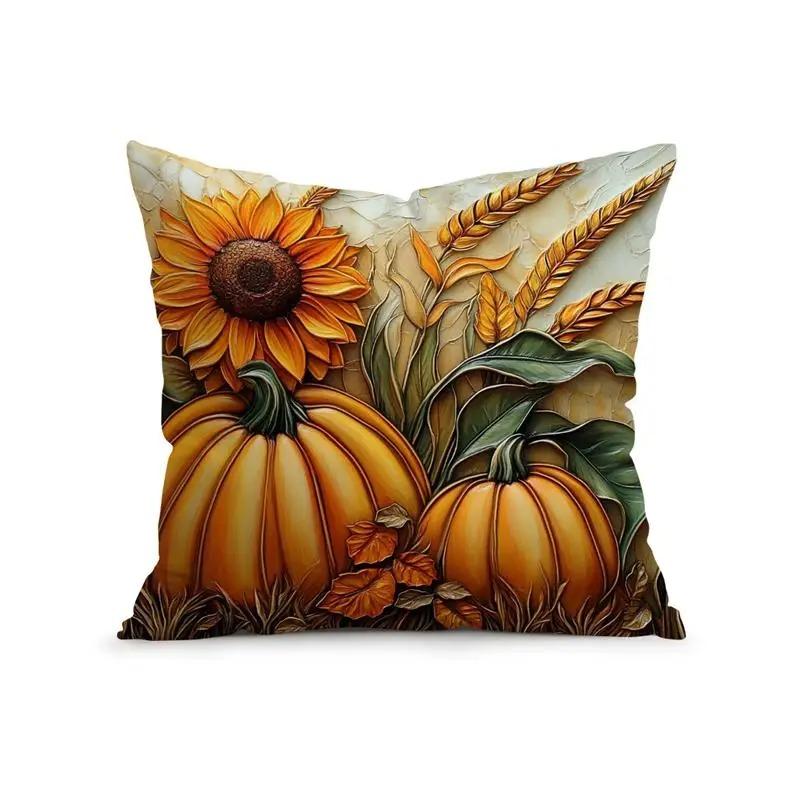 Home Decor Sunflowers & Pumpkins Fall Season Pillow Cover Pattern Cushion Cover Suitable for Sofa Bedroom Car Pillow Cover
