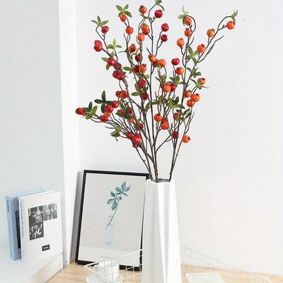 3 Pcs Fake Greenery Plants Artificial Pomegranate Branches Stem Plastic for Home Decor Office Restaurant Wedding Garden Patio Shop Window Room Decor
