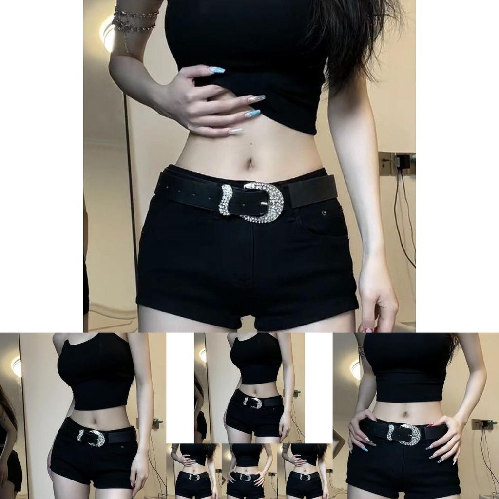 Elegante Cintura Nera da Donna in PU Stile Vintage Americano con Fibbia Decorativa in Strass