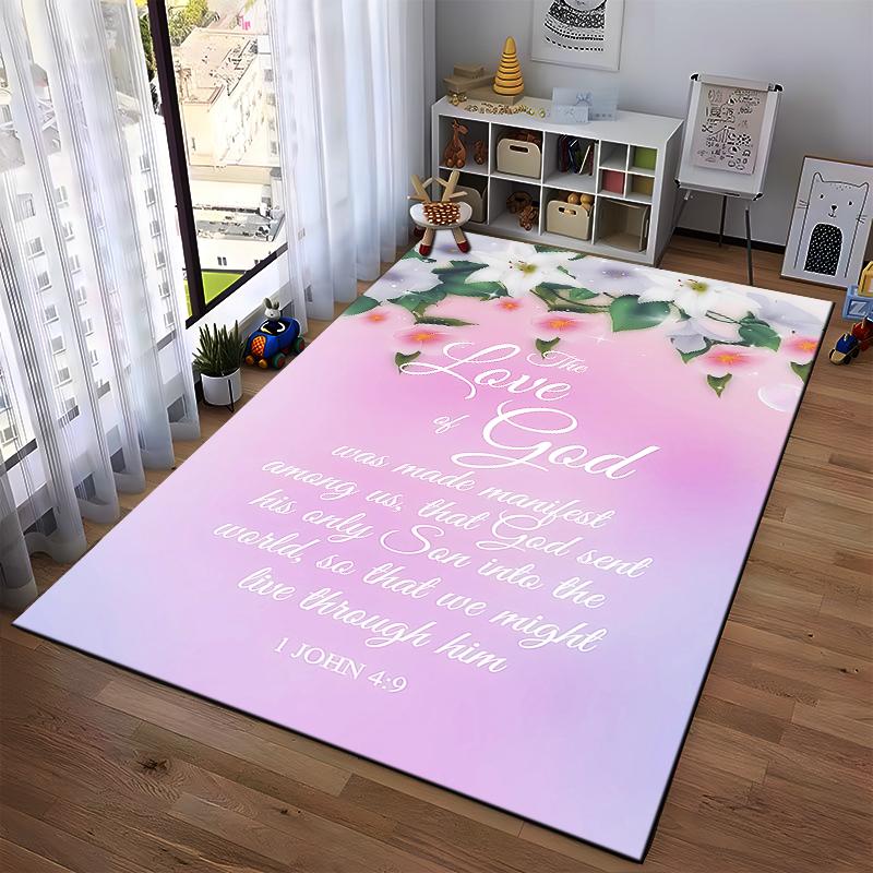 Floral and Inspirational Biblical Verse Rug Non-slip rug suitable for living room and bedroom sofas.