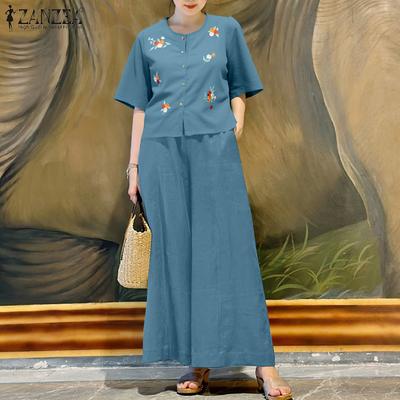 Women Short Sleeve Embroidery Blouse and Pants Summer Two Piece Suit Sets