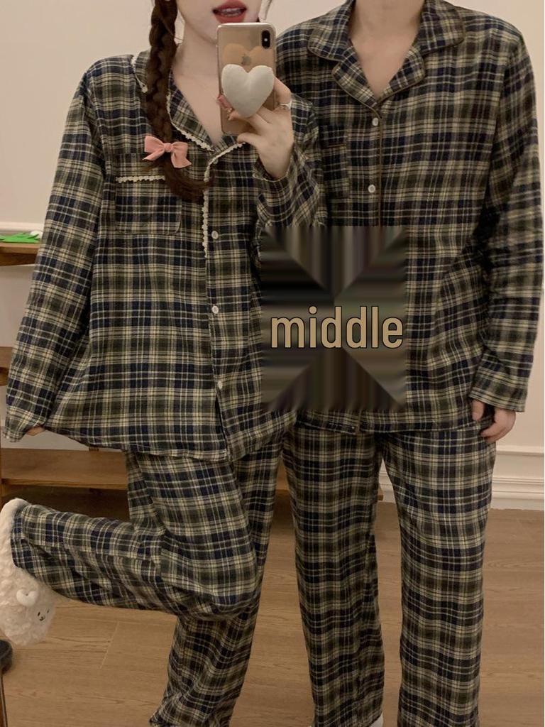 Japanese & Korean Style Couple's Plaid Lace Long-Sleeve Pajama Set