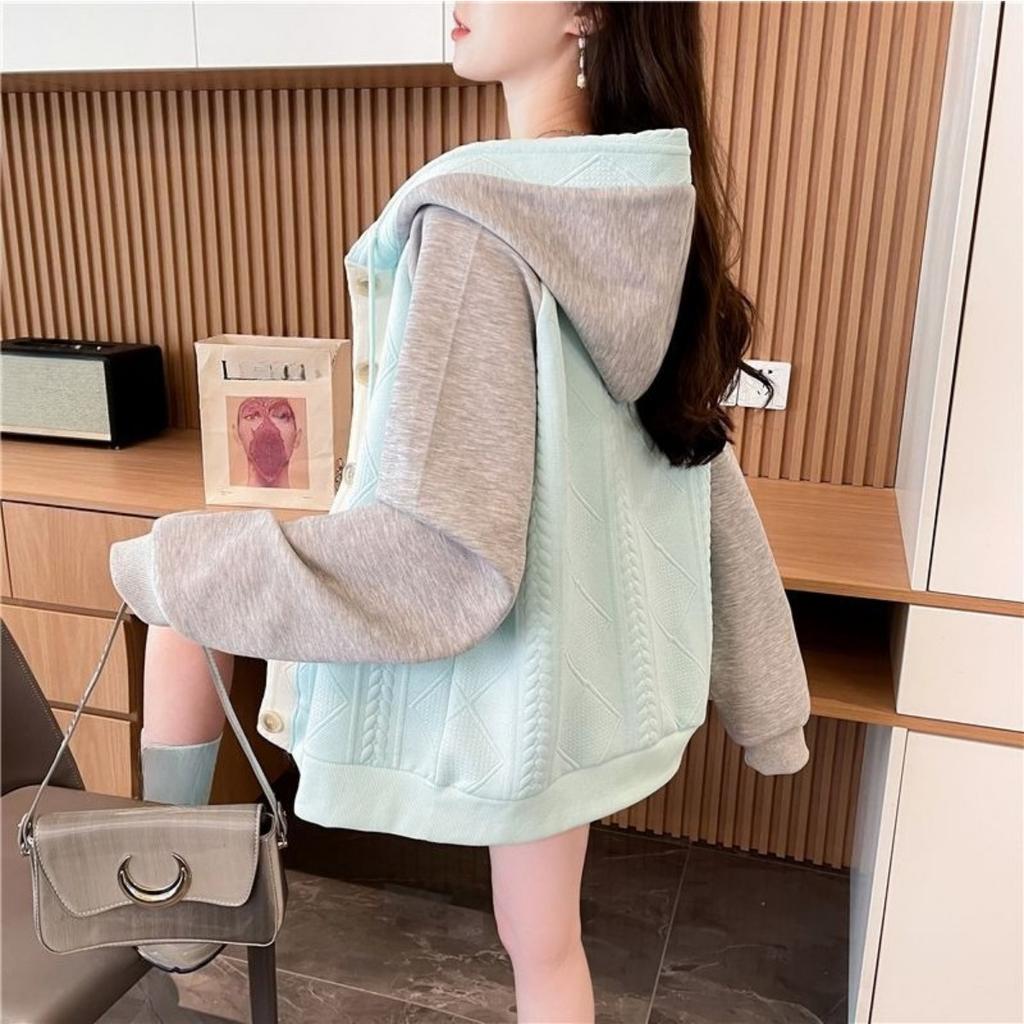 Color Blocked Hooded Jacket for Women In Plus Size, Spring and Autumn New Thin, Medium and Long Single Breasted Patchwork Hoodie for Women