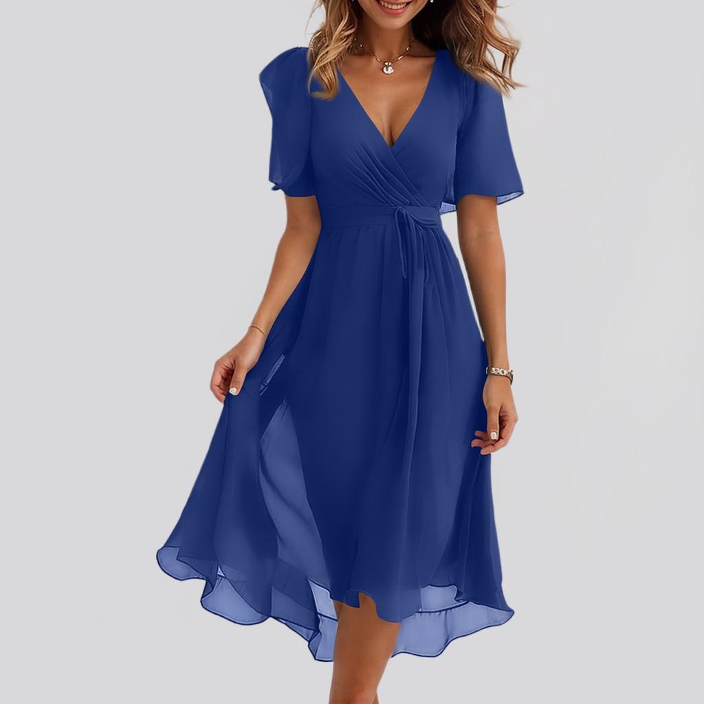 Ladies' Casual And Fashionable Solid Color V-neck Waist Cinching A-line Zipper Dress
