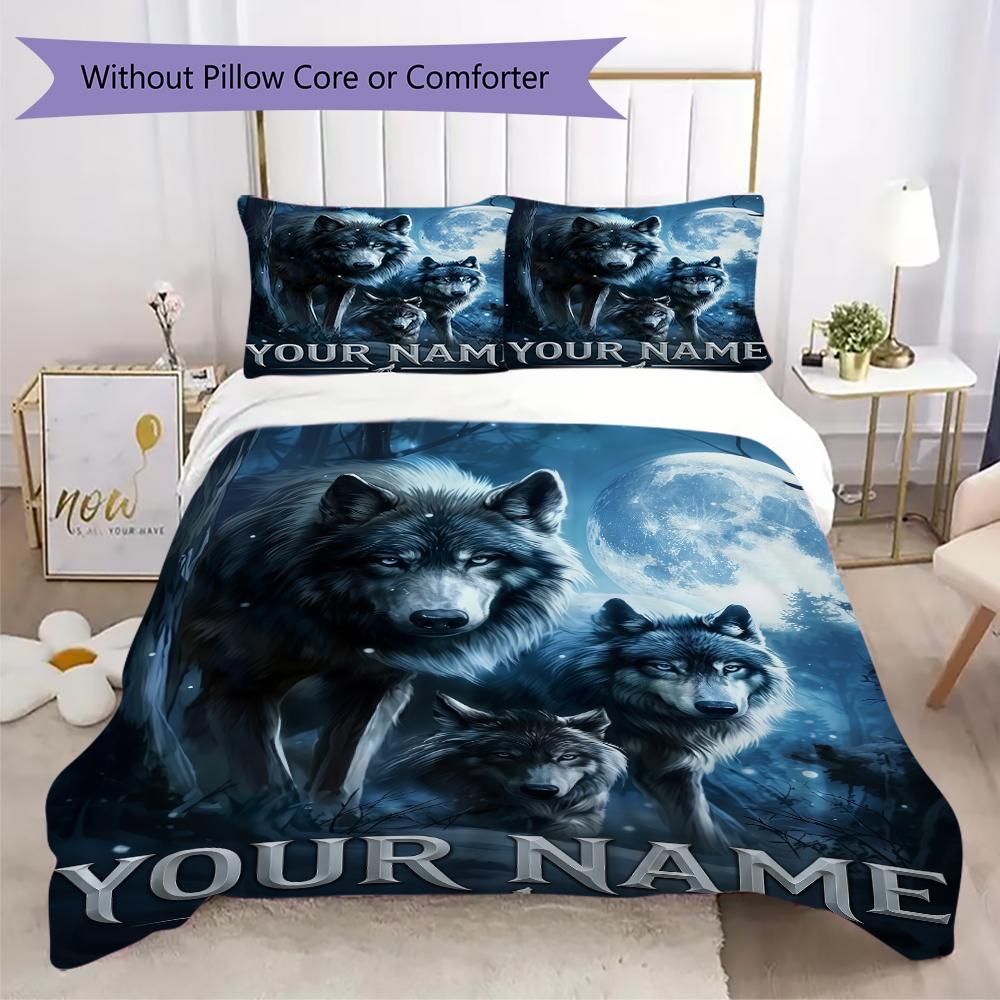 Custom Name Wolf Pack Moonlit Forest Bedding,Quilt Set Quilt Cover Pillowcase Home Birthday Gift(1 * duvet cover + 2 * pillowcase, without core)_lx