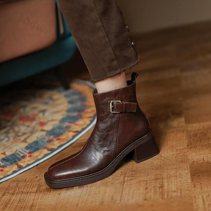 Women Ankle Boots , Spring Autumn Britain Square Toe Short Boot Ladies Casual Low Heel Shoes Fashion Leather Shoe Botas