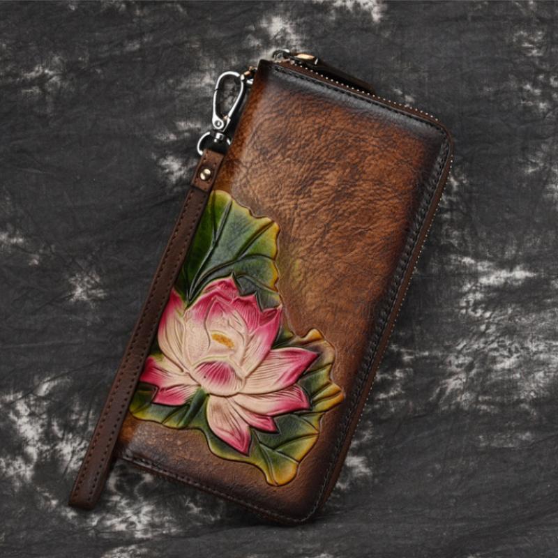 Johnature Handmade Vintage Genuine Leather Ladies Clutch Bags Female Purse Women Floral Zipper Standard Wallets