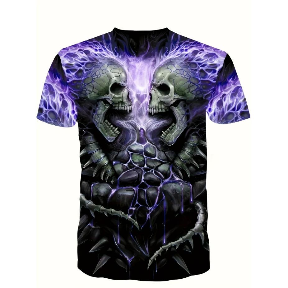 Plus Size Men's 3D Glow Skull & Flames Graphic Print T-shirt Funky Short Sleeve Tees For Summer, Halloween Men's Clothing