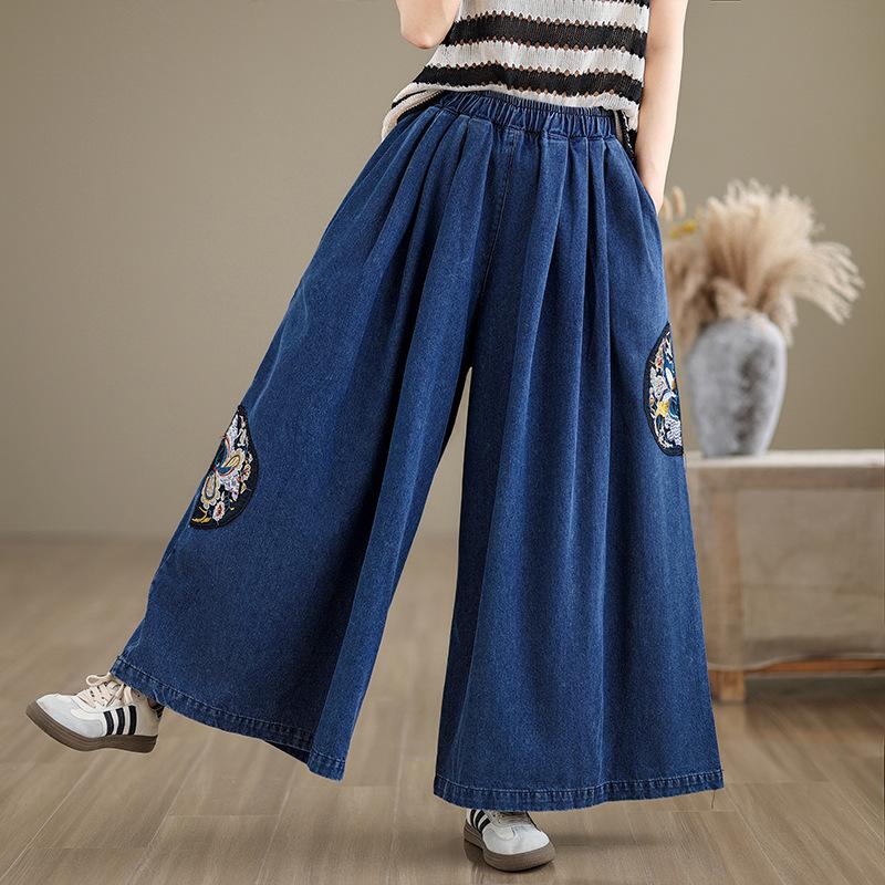 

Винтажные брюки с высокой талией, свободные, с широкими штанинами, женские, с вышивкой, повседневные прямые брюки для женщин, осенние укороченные брюки 2XL синий