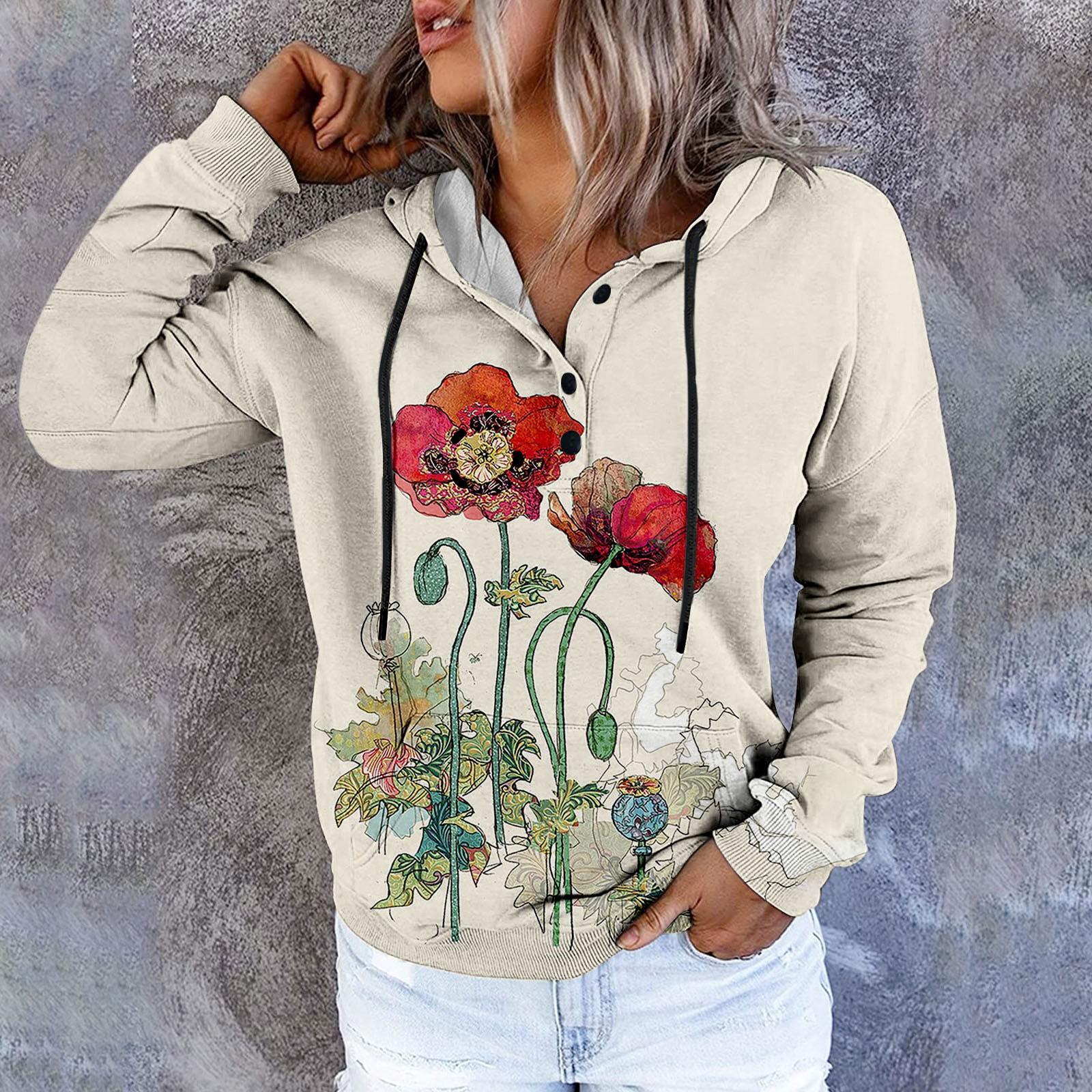 

Женский повседневный модный пуловер с длинным рукавом и цветочным принтом, топ с капюшоном XXL красный