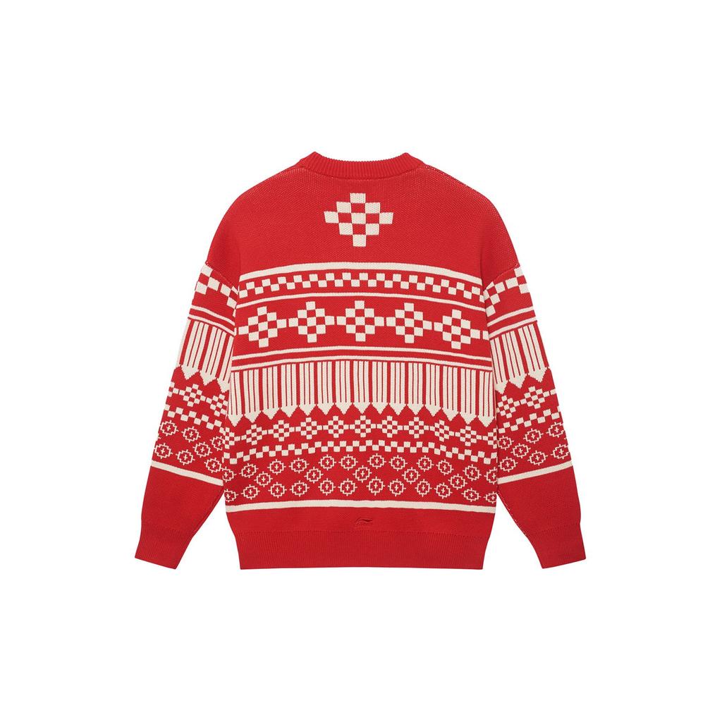 Li-Ning Pullover Long Sleeve Round Neck Geometric Pattern Sweater Unisex sweater Bull-Red AMBS145-3
