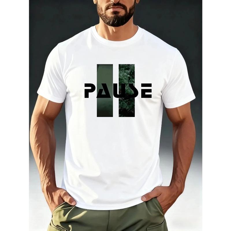 Men s PAUSE Button Print T-Shirt - Minimalist Casual Round Neck Short Sleeve Tee with Iconic, Skin-Friendly Summer Shirt Suitable for Casual Attire S белый