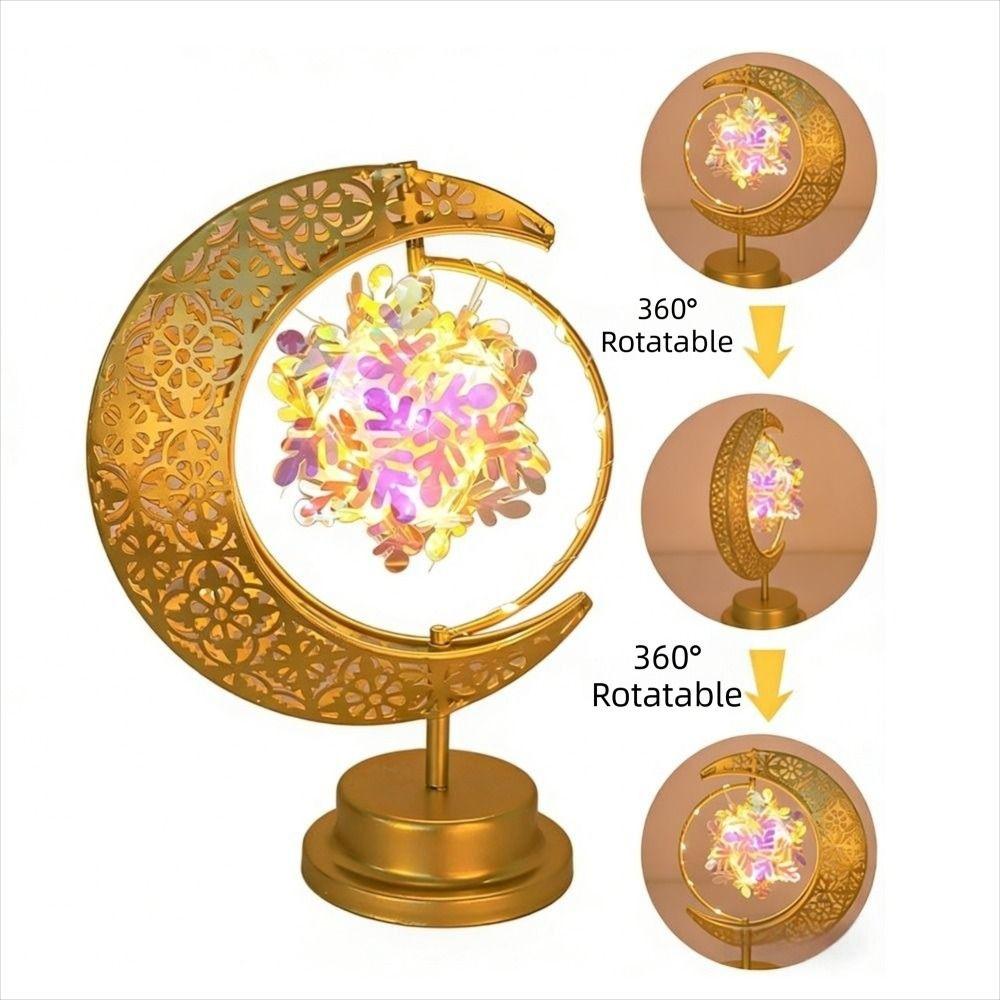 Metal LED Moon Lamp Elegant Rotating Design Ramadan Desk Lamp Crescent Moon Golden Finish Night Light Middle Eastern Party
