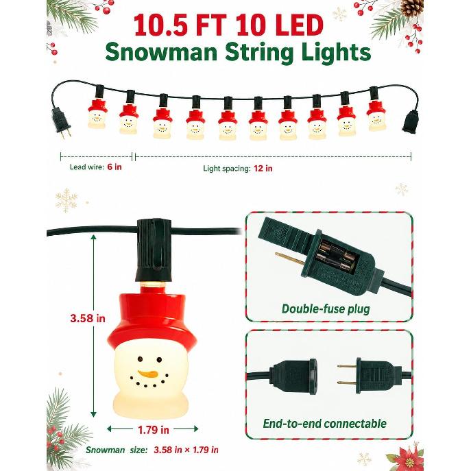 10.5FT Christmas Snowman Lights, 10 Ultra Bright E12 Snowman Lights