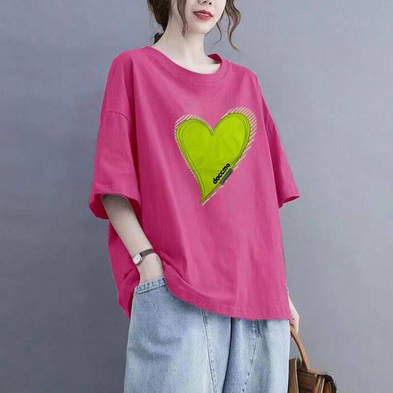 

150kg Plus Size Korean Style Women s Short-Sleeve T-Shirt, Heart-Shaped Design, Loose Fit, Slimming Top, Cover-Up Shirt for Women Rose Red 6XL(Suggestion 125kg-150kg)