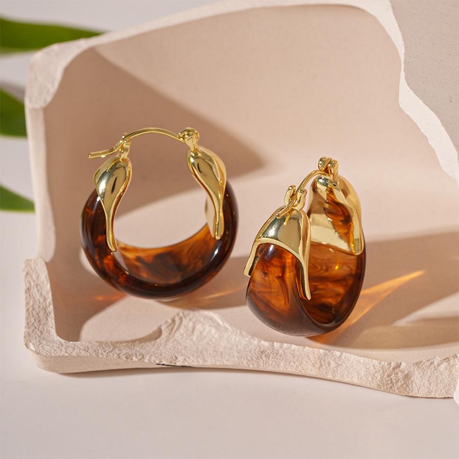 European And American Retro Brown Resin Letter U-shaped Geometric Hoop Earrings For Women Fashion Simple Metal Jewelry Gifts