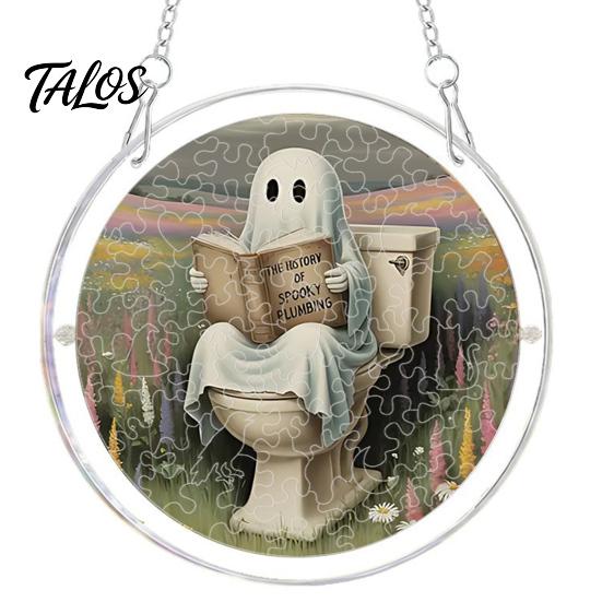 Elegant Halloween Glass Effect Ornament Acrylic Suncatcher Jigsaw Puzzle Set, Spooky Ghost Floral Meadow Window Hanging with Metal Sturdy Frame Decor