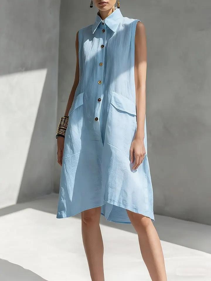 New 2026 European Summer Solid Color Sleeveless Cotton Linen Lapel Dress