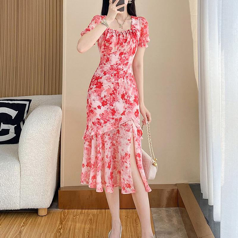 Moda Estiva Scollo Quadrato Stampa Floreale Perline Abito Sirena Femminile Manica Corta Dolce Casual Vestido Donna Volant Abito