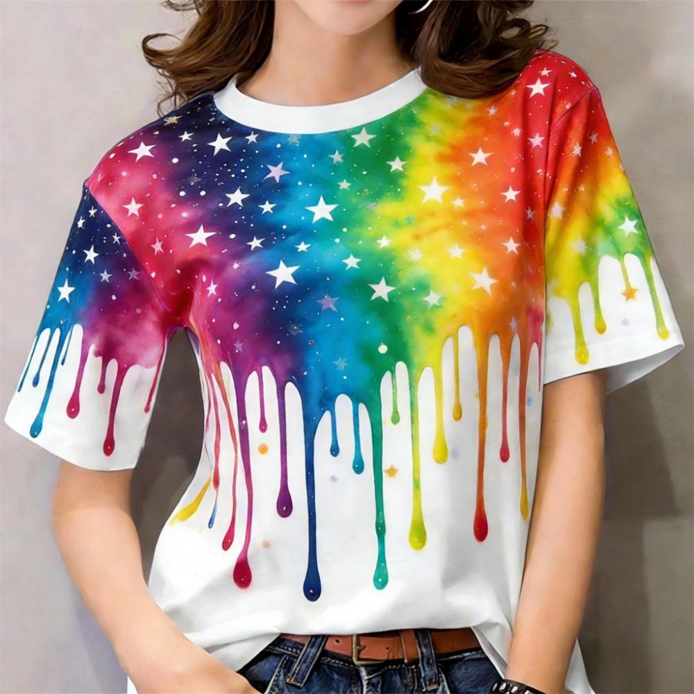 Tie-Dye Floral Shirt - Round Neck, Short Sleeve, Outdoor Casual Top with 3D Digital Print | Women’s Wear