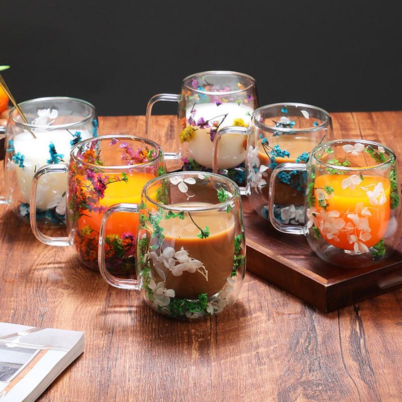 Double Walled Glass Mugs Double Wall Dried Flower Cup for Coffee Heat Resistant Dried Flower Double Wall Glass Mug for Cold