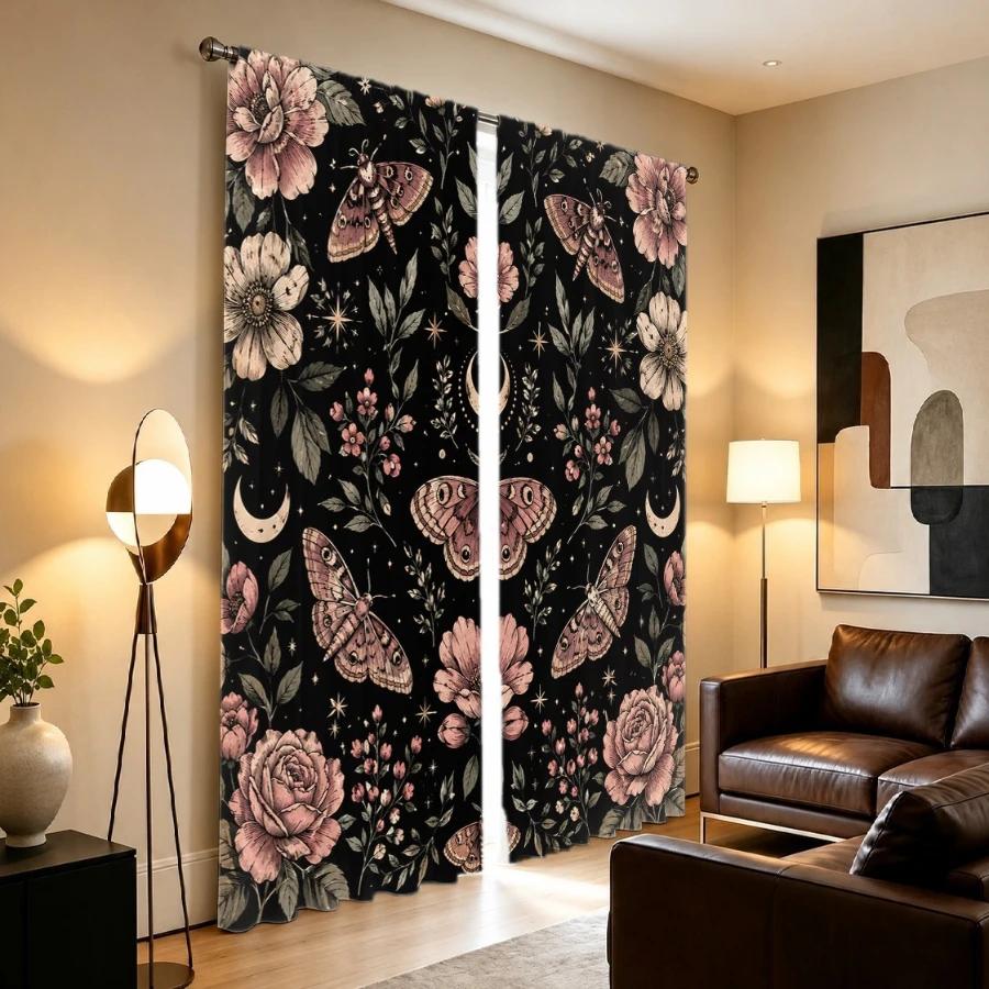 2PCS Digital Printed Curtains, Vintage Moths Flowers Crescent Moon Stars, Dark Boho Botanical Witchy Window Decor Living Room