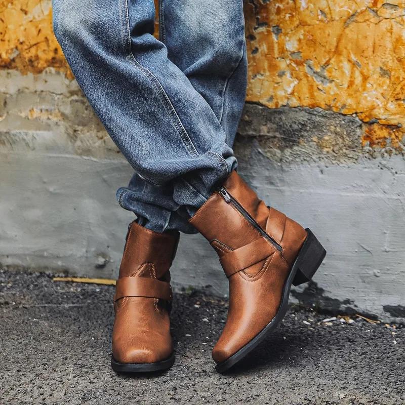 Knight Boots for Men Western Cowboy Boots Slip On Men's Leather Boots 2025 Wear-resistant Horseshoe Heel Social Shoes Male Botas