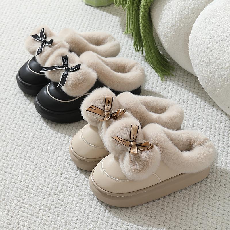 Cotton slippers autumn and winter home warmth velvet thick-soled couple waterproof cotton shoes bow shoes