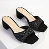 Fashion Full Diamonds Woman Open Toe Mules Shoes Summer High Heels Slides Ladies Slip On Crystal Slippers Wedges Pantufla Velvet Sandals