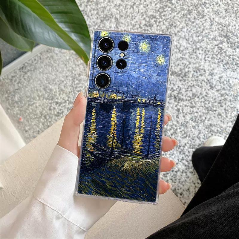 Casetă de telefon cu pictură Van Gogh Terasa cafenelei Noaptea înstelată Floarea-soarelui Pentru Samsung S24 S23 Ultra S22 S20 Plus S21 FE Capac Transparent Funda