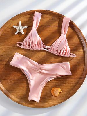 Nuovo Set Bikini Vita Alta Costume da Bagno Pieghettato Donna Bikini a Triangolo Colore Unico Abbigliamento da Spiaggia Costume da Bagno Due Pezzi