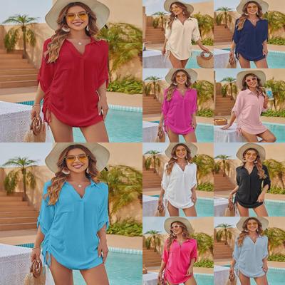 2024 Solid Color Women's Swimsuit Cover-Up: Drawstring Beach Shirt