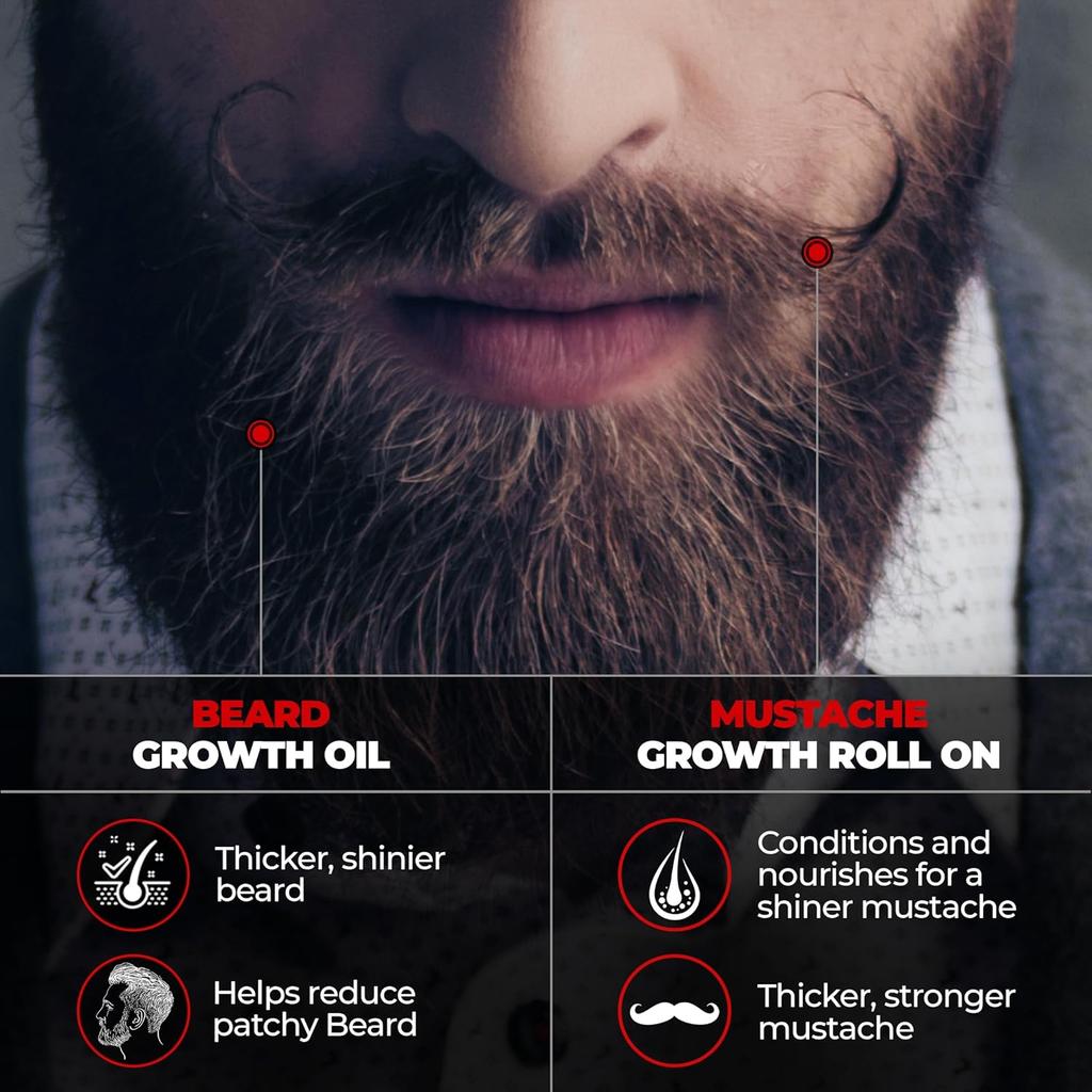Beard Growth Oil 50 Ml And Mustache Roll On 8 Ml Kit For Men Thick Fuller Beard Care And Patchy Beard Solution Set