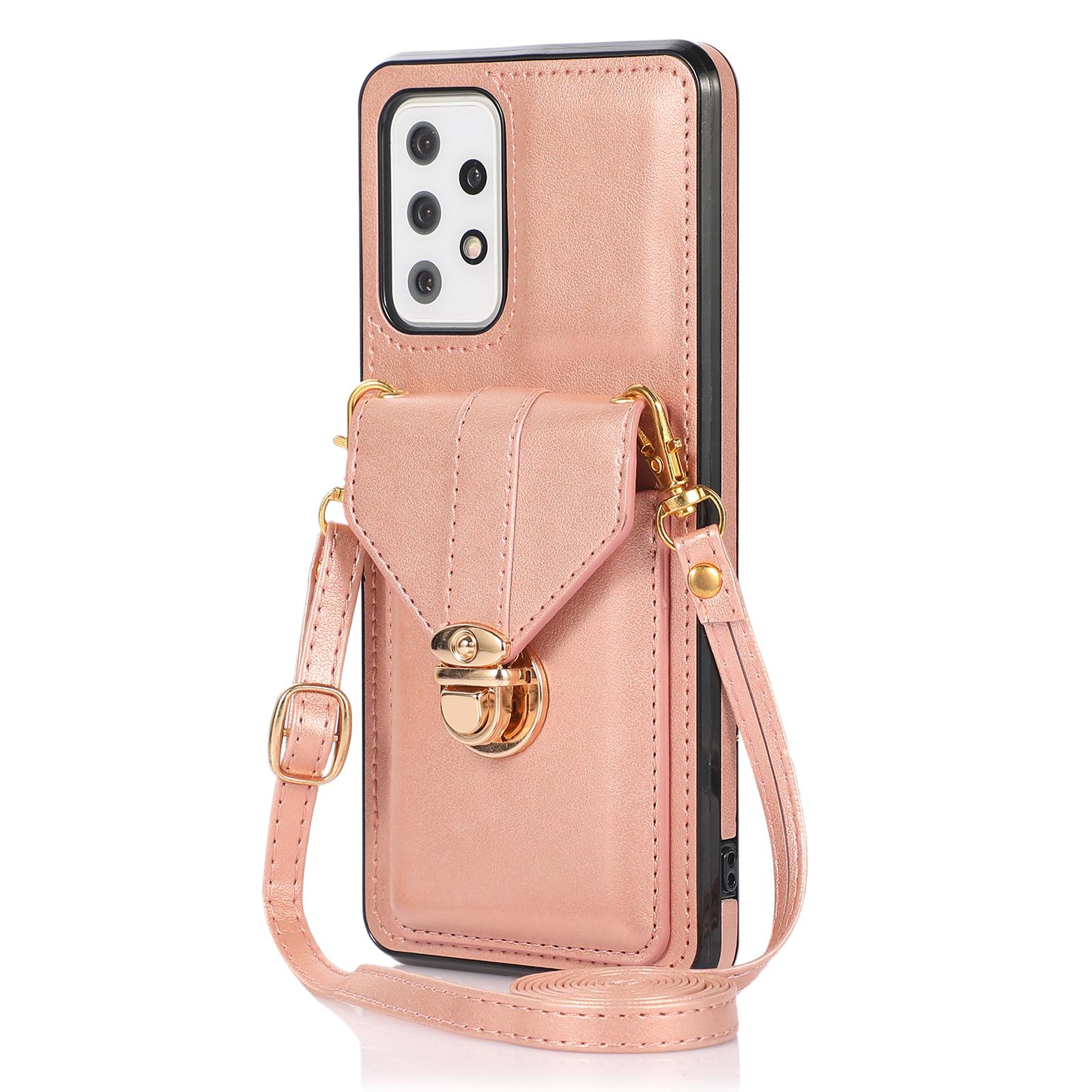 

For Samsung Galaxy A53 5G Card Holder Anti-drop Shell PU Leather+TPU Back Case Kickstand Phone Cover Rose Gold