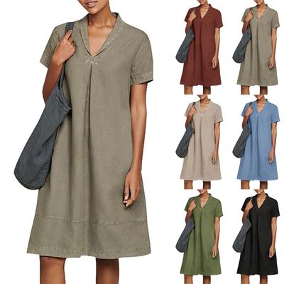 Women's Summer Casual Midi Short Sleeve Dresses Solid Color V-Neck Beach Vacation Dresses