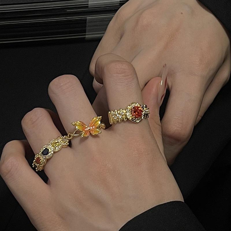 The Same Open Ring Gold Light Luxury High Sense Medieval Court Style Butterfly Color Zircon Woman