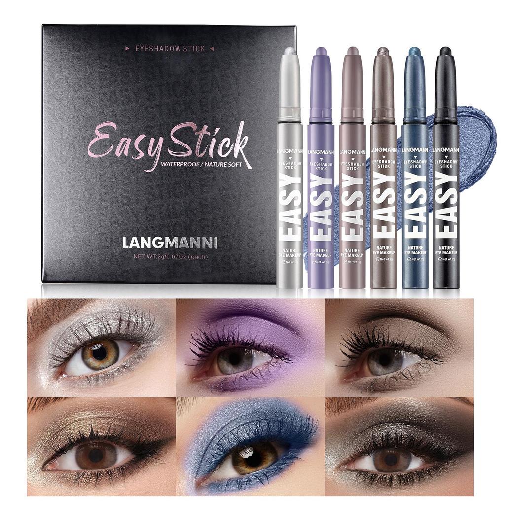 6pcs/set Pearlescent Matte Eyeshadow Stick Set Eyeshadow Pencil Shimmer Pearly Glitter Finish Multicoloured Smudge Proof Eyeshadow Pen Make-Up Stick