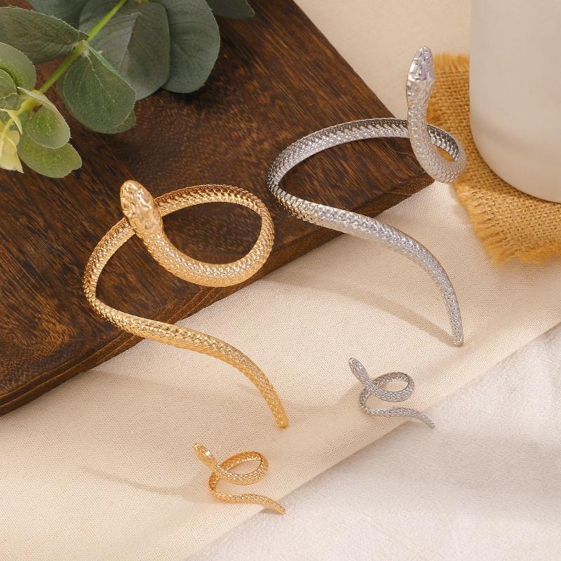 2-Piece Vintage Snake-Print Bracelet + Ring Set Unisex Punk Metal-Finish Adjustable Clasp Design Party Jewelry Accessories