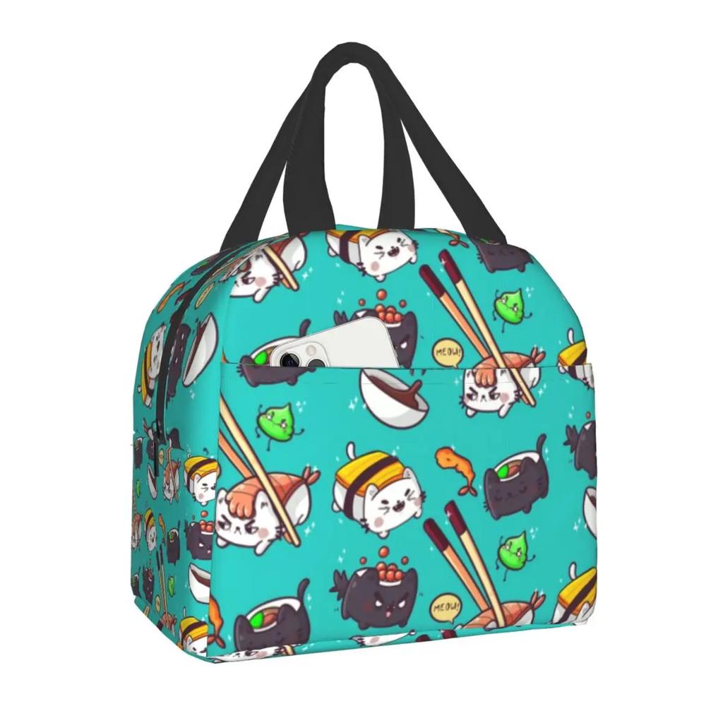 Japanese Anime Food Sushi Cat Lunch Bag Women Children Insulated Lunch Box for Work School Custom Portable Bento Tote Bags