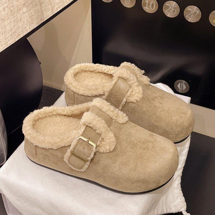 Baotou Boken Fluffy Slippers Women Wear Fleece Warm One Pedal Internet Celebrity Autumn and Winter 2025 New Cotton Slippers