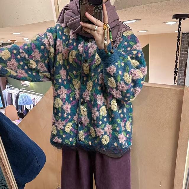 DIMANAF 2025 Flower Sweaters Cardigan Autumn Women Print O-Neck Sweaters Knitting Loose Blue Sweater