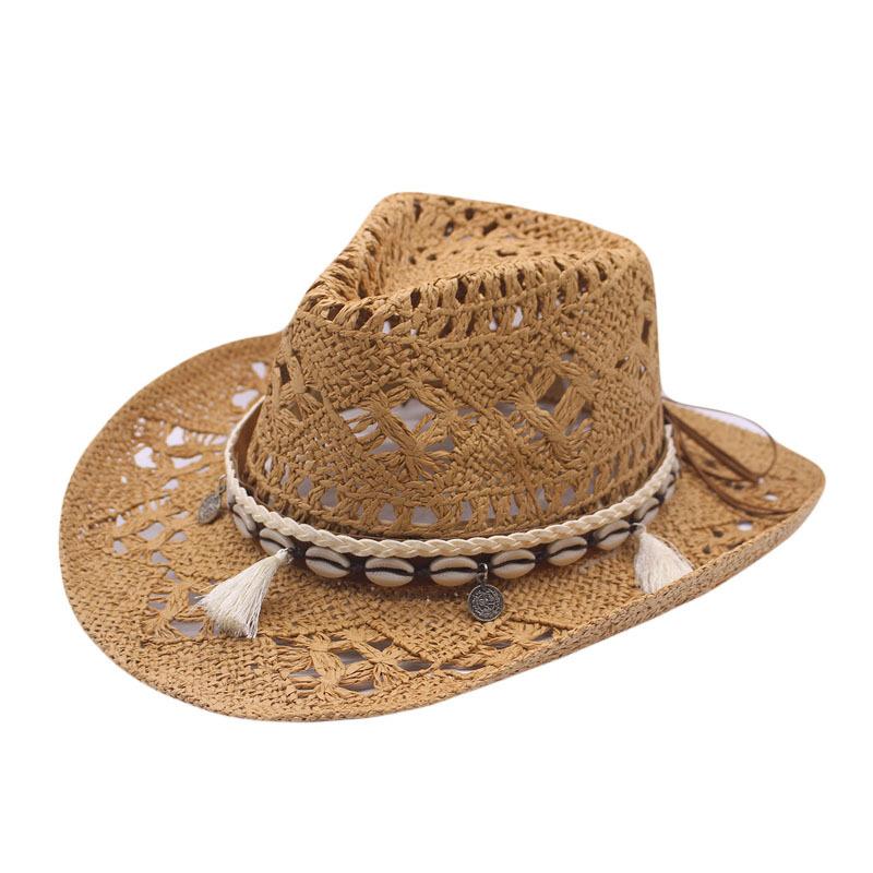 Frühlings- und Sommer-Hohlwestern-Denim-Strohhut für Herren und Damen, Muschel-Jazzhut, Outdoor-Sonnenschutz, Sonnenhut M（56-58cm） khaki