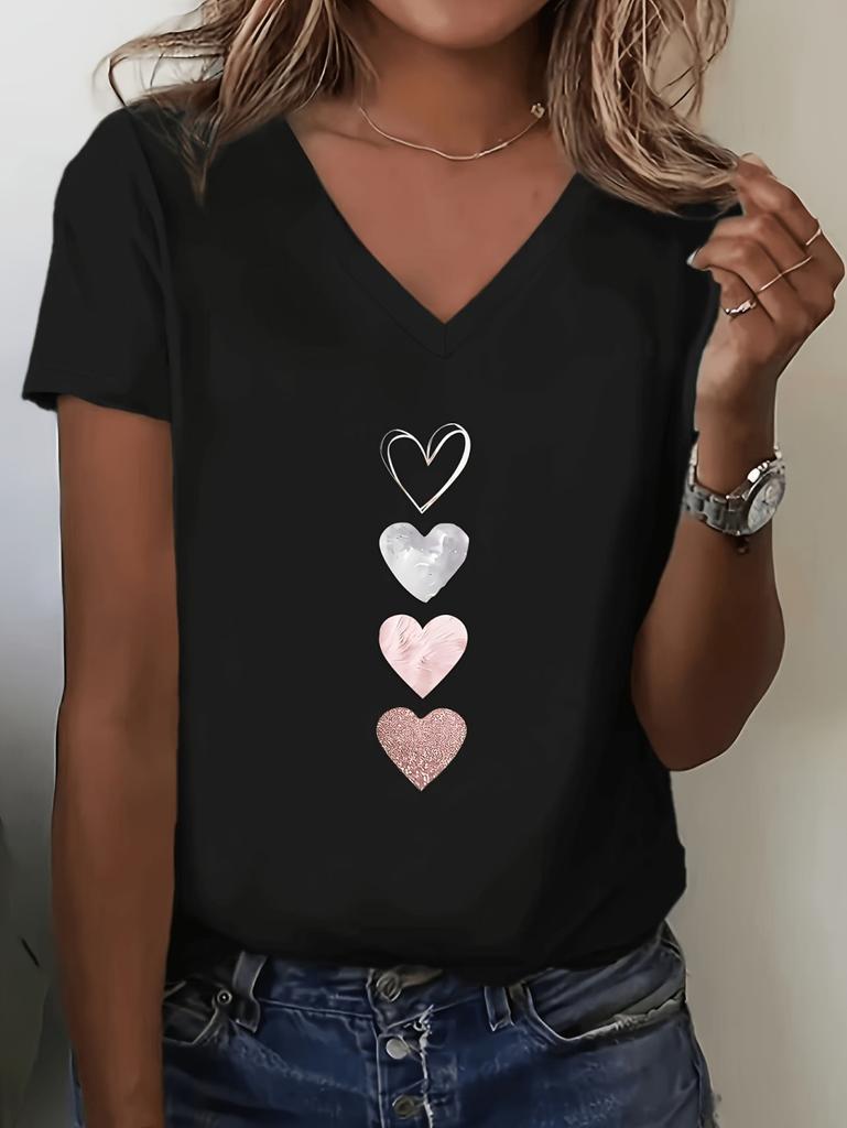 Funny Love Heart Print Women Summer Short Sleeves T-Shirt V-Neck Y2k Tops Tee Graphic T-Shirts Female Casual Women's Clothing