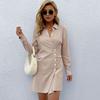 Fashion Women's Lapel Solid Color Cotton and Linen Long Sleeve Shirt Dress