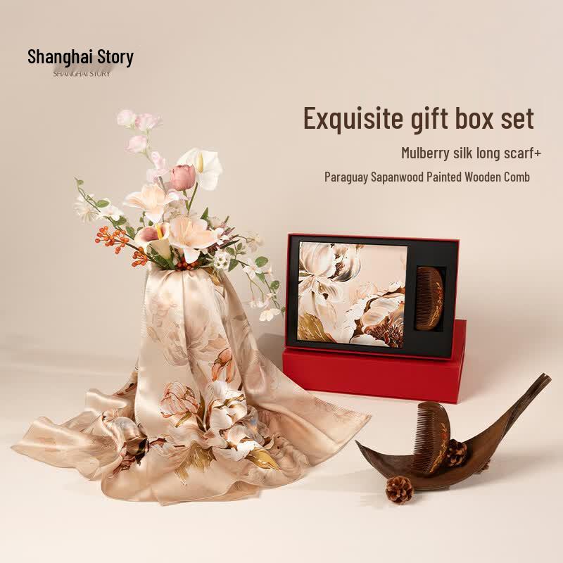 

Shanghai Story Silk Scarf & Painted Wooden Comb Gift Set Silk Scarf + Comb Gift Box